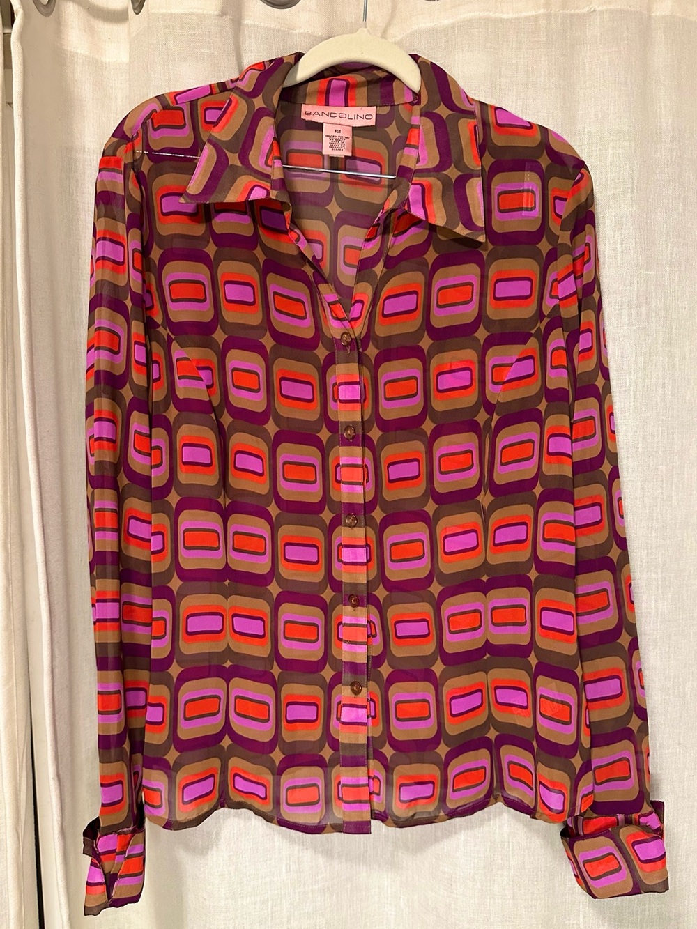 Bandolino Hippie Sheer Retro Geometric Women’s Button Down Blouse 12 Festival